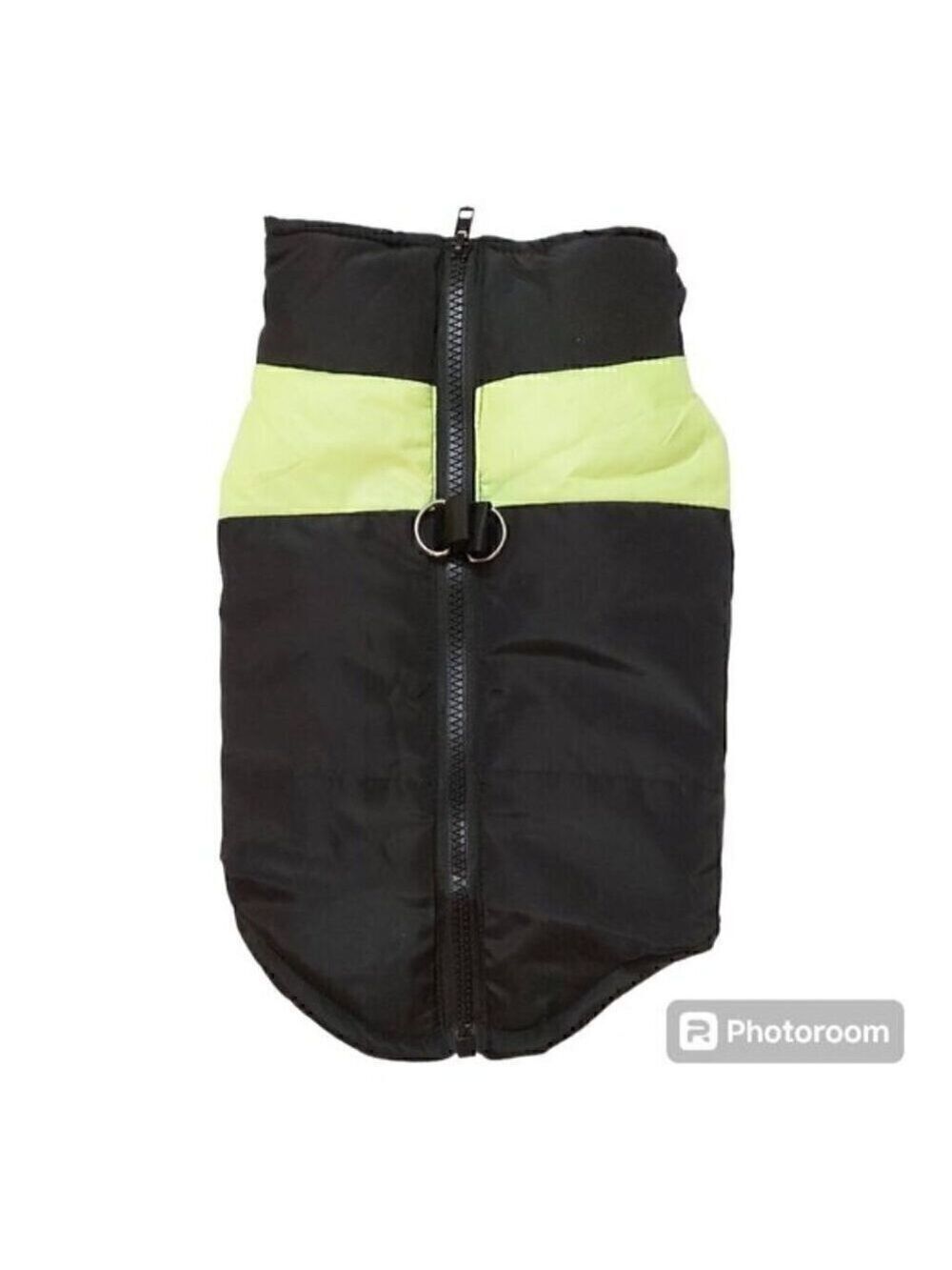 Black Dog Winter Coat with Fluorescent Green Stripe - Zipper Closure, Size Small